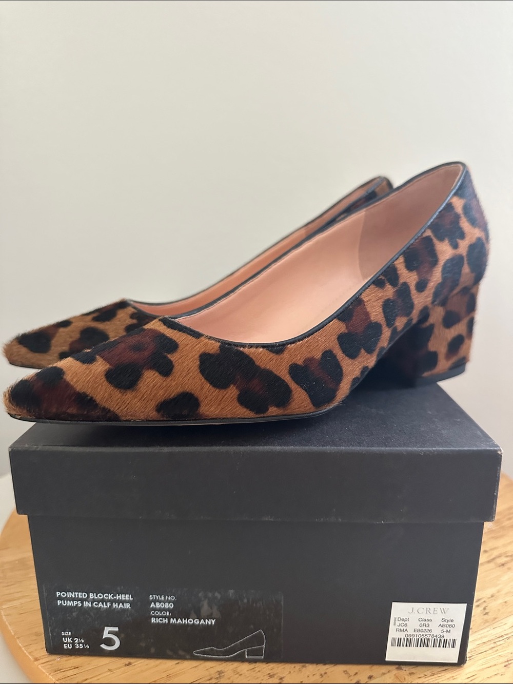NIB. J. Crew Leopard Print Calf Hair Block Heel Pumps - size 5